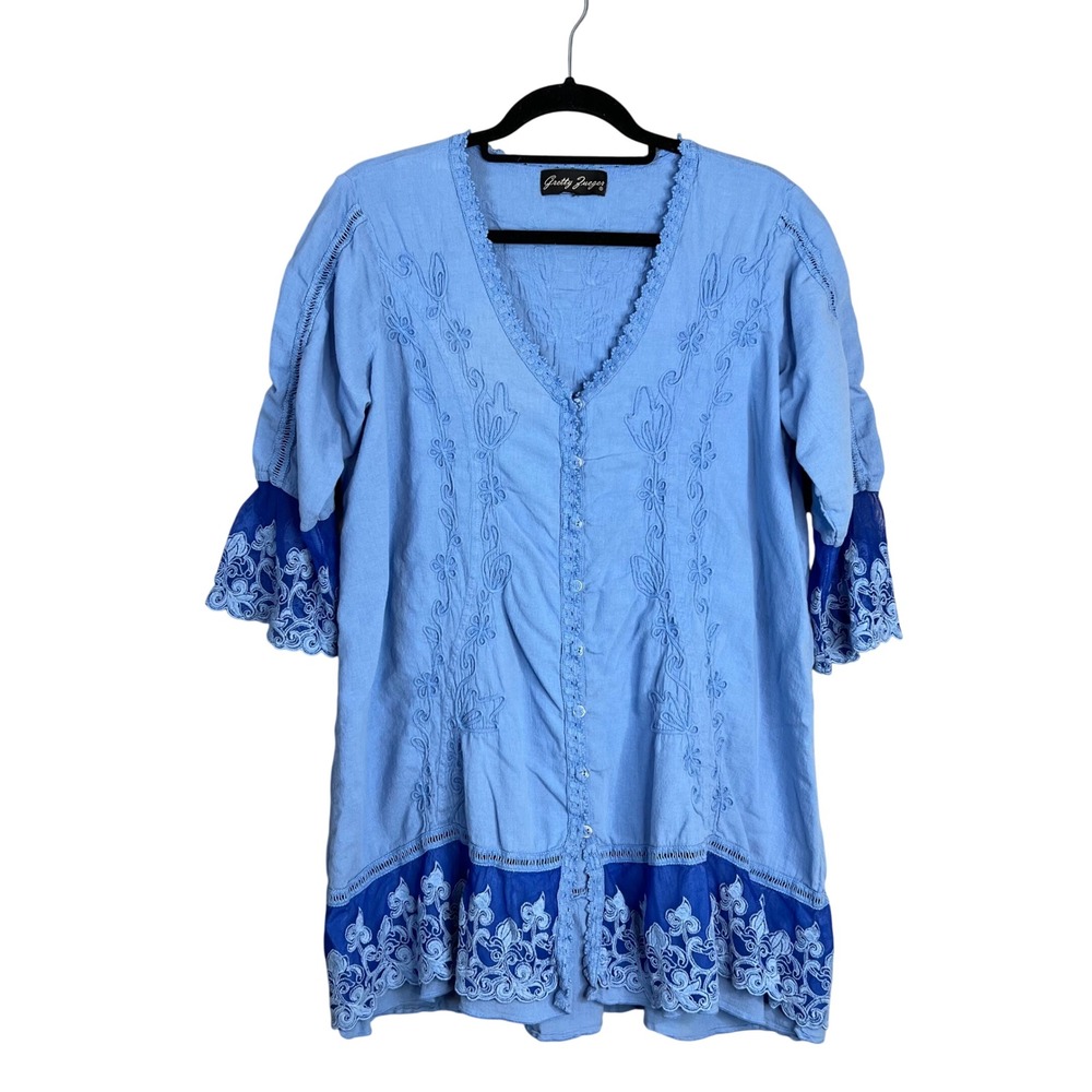Gretty Zueger Embroidered Tunic Top Size L Boho V-Neck‎ Button 3/4 Bell Sleeve